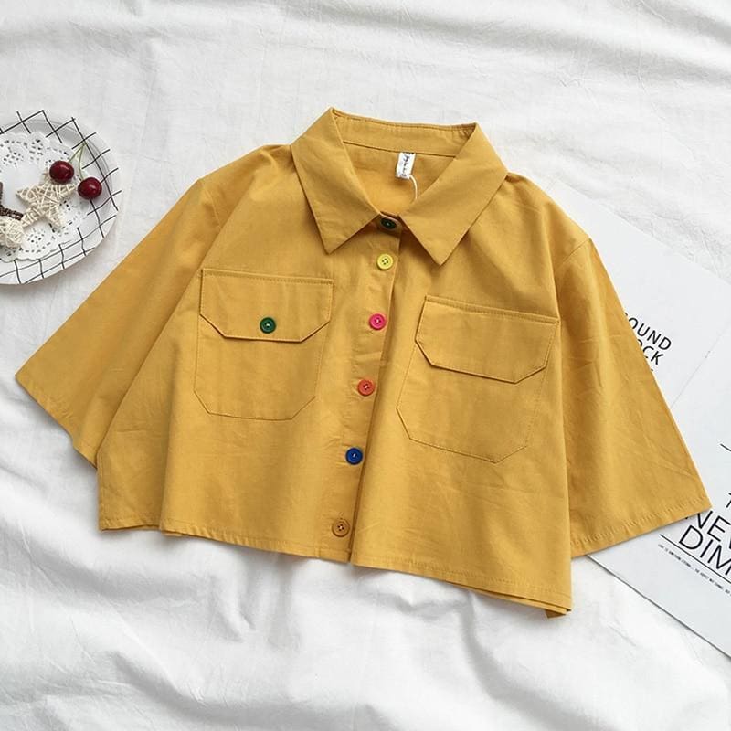 Harajuku Collar Crop Shirt Cute Button Short Blouse MK15088 - KawaiiMoriStore