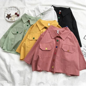 Harajuku Collar Crop Shirt Cute Button Short Blouse MK15088 - KawaiiMoriStore