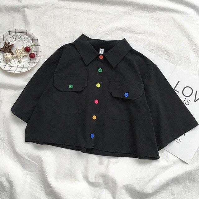 Harajuku Collar Crop Shirt Cute Button Short Blouse MK15088 - KawaiiMoriStore