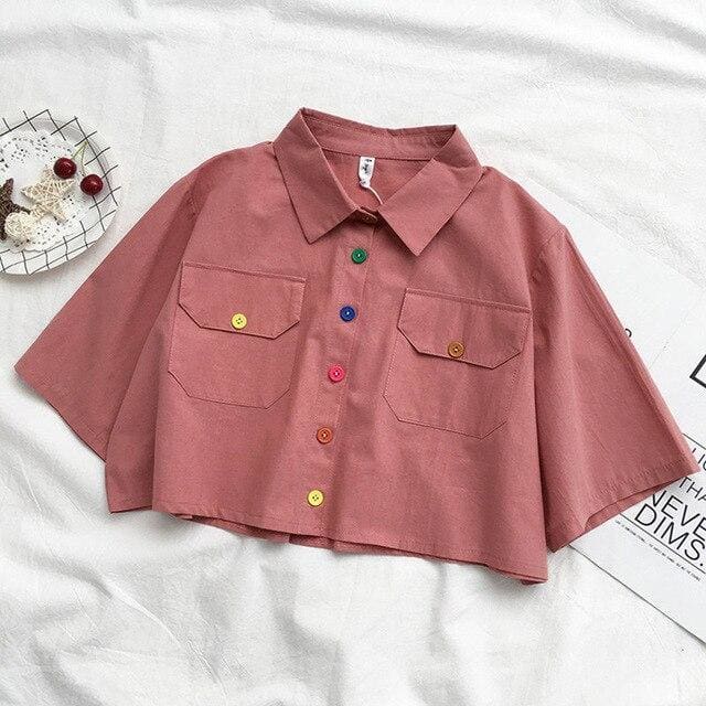 Harajuku Collar Crop Shirt Cute Button Short Blouse MK15088 - KawaiiMoriStore