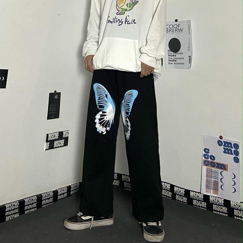 Harajuku creative butterfly print trousers high waist casual