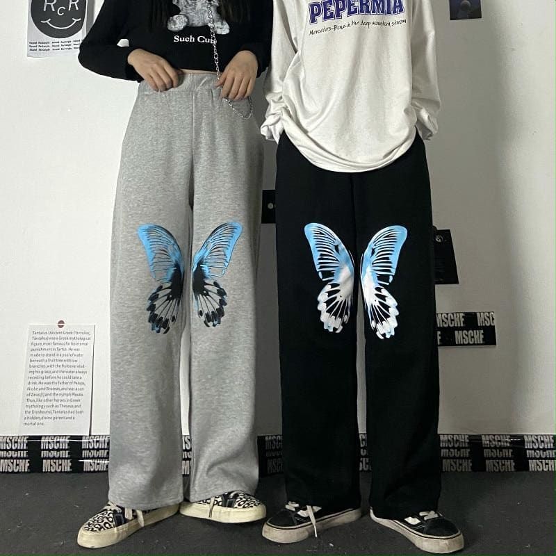 Harajuku creative butterfly print trousers high waist casual