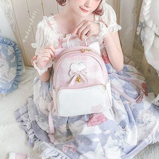 Harajuku Cute Bow Heart Plaid Cat Ear Backpack MK15322 - KawaiiMoriStore