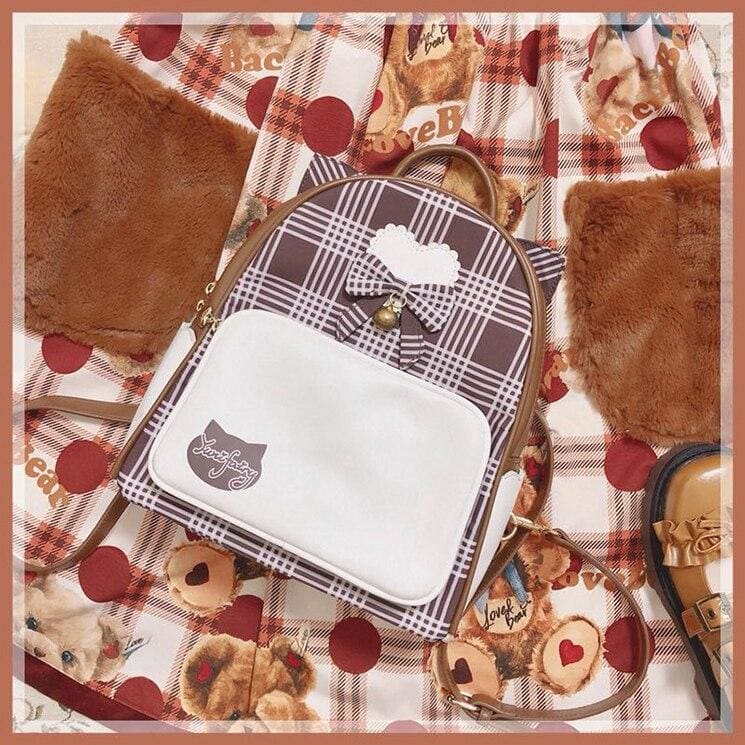 Harajuku Cute Bow Heart Plaid Cat Ear Backpack MK15322 - KawaiiMoriStore