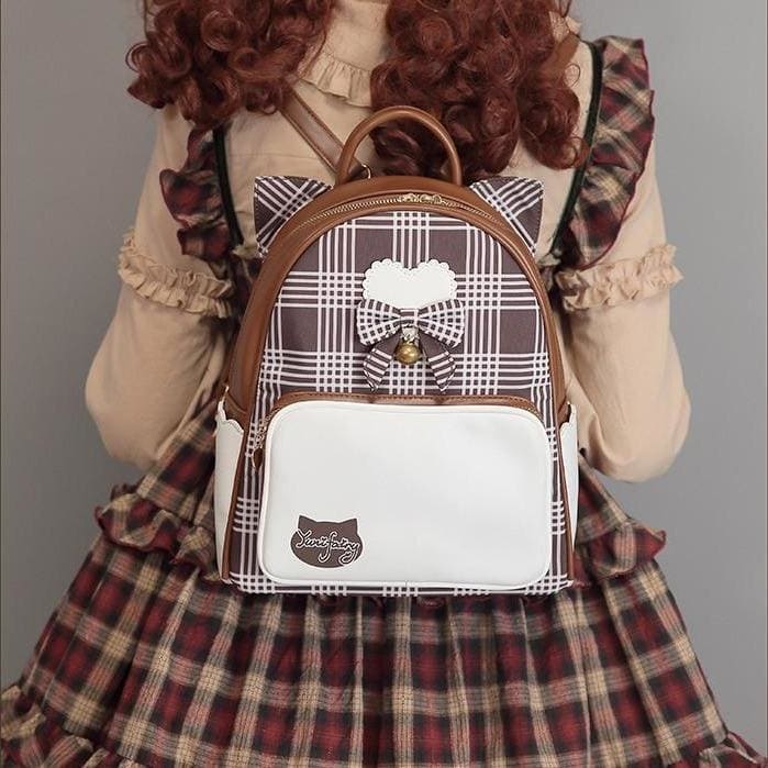 Harajuku Cute Bow Heart Plaid Cat Ear Backpack MK15322 - KawaiiMoriStore