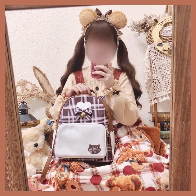 Harajuku Cute Bow Heart Plaid Cat Ear Backpack MK15322 - KawaiiMoriStore