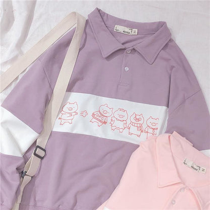 Harajuku Cute Pig Print Polo Collar Top MM1098 - KawaiiMoriStore