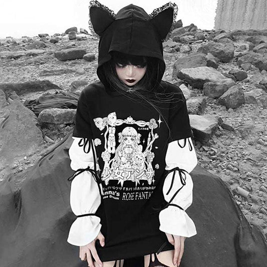 Harajuku Dark Girl Letter Print eGirl Cat Ear Hooded Sweatshirt MM1236 - KawaiiMoriStore