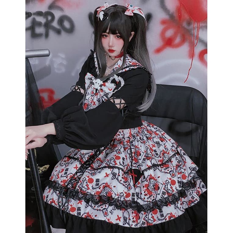 Harajuku Girls Black Bow Print JK Uniform Suit MM0727 - KawaiiMoriStore