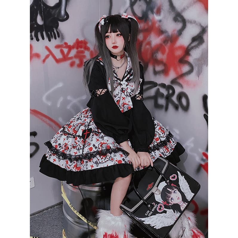 Harajuku Girls Black Bow Print JK Uniform Suit MM0727 - KawaiiMoriStore
