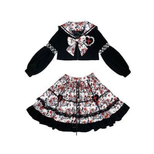 Harajuku Girls Black Bow Print JK Uniform Suit MM0727 - KawaiiMoriStore