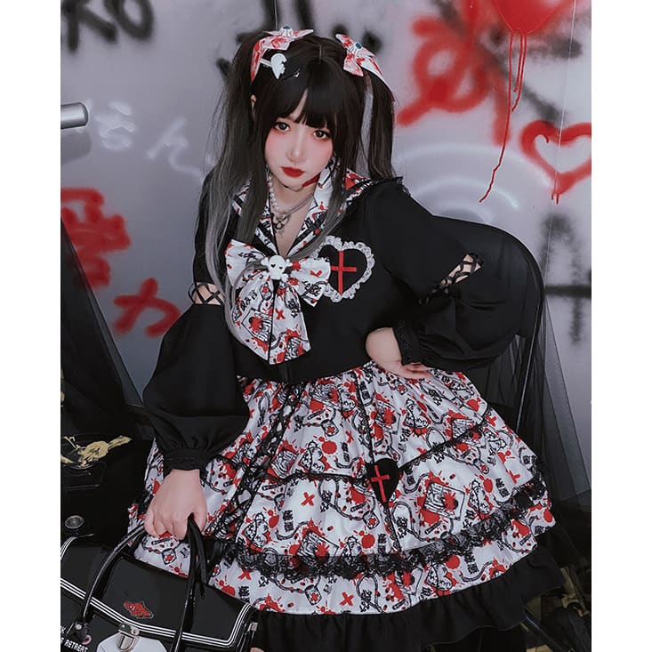 Harajuku Girls Black Bow Print JK Uniform Suit MM0727 - KawaiiMoriStore