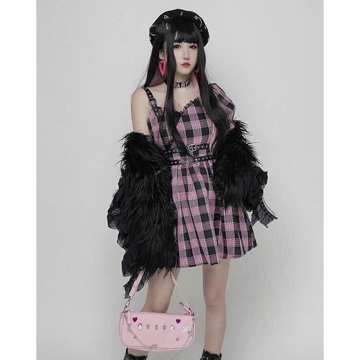 Harajuku Gothic Women Fashion Asymmetric Pink Plaid Bubble Sleeve Dress MK0580 - KawaiiMoriStore