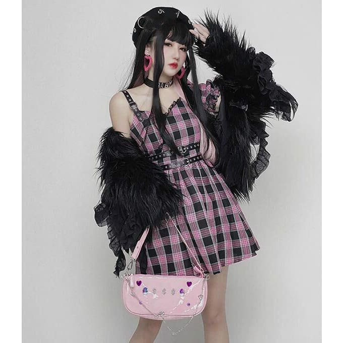 Harajuku Gothic Women Fashion Asymmetric Pink Plaid Bubble Sleeve Dress MK0580 - KawaiiMoriStore