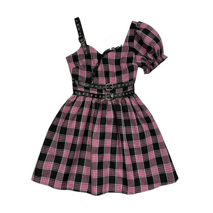 Harajuku Gothic Women Fashion Asymmetric Pink Plaid Bubble Sleeve Dress MK0580 - KawaiiMoriStore