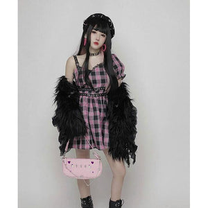 Harajuku Gothic Women Fashion Asymmetric Pink Plaid Bubble Sleeve Dress MM0580 - KawaiiMoriStore