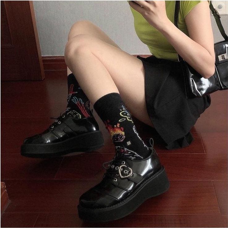 Harajuku JK Uniform Punk Lace-up Buckle Strap Platform Wedge Shoes MK15394 - KawaiiMoriStore