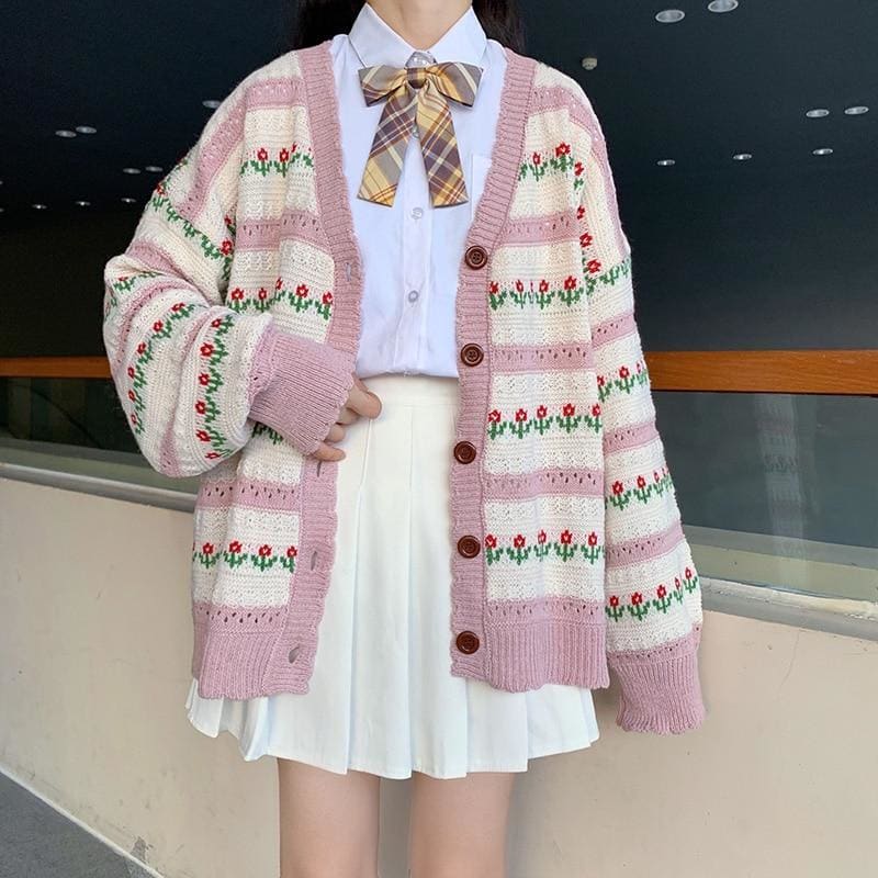 Harajuku Kawaii Cardigan Flower Knitting Long Sleeve Sweater Coat MK15413 - KawaiiMoriStore