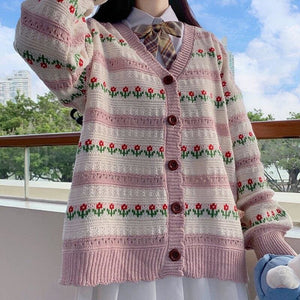Harajuku Kawaii Cardigan Flower Knitting Long Sleeve Sweater Coat MK15413 - KawaiiMoriStore