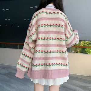 Harajuku Kawaii Cardigan Flower Knitting Long Sleeve Sweater Coat MK15413 - KawaiiMoriStore