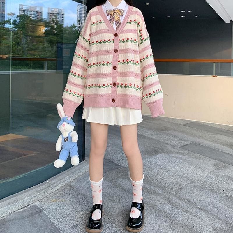 Harajuku Kawaii Cardigan Flower Knitting Long Sleeve Sweater Coat MK15413 - KawaiiMoriStore