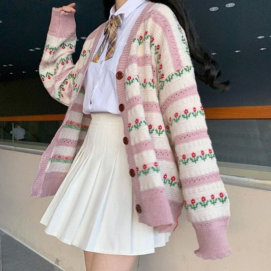 Harajuku Kawaii Cardigan Flower Knitting Long Sleeve Sweater Coat MK15413 - KawaiiMoriStore