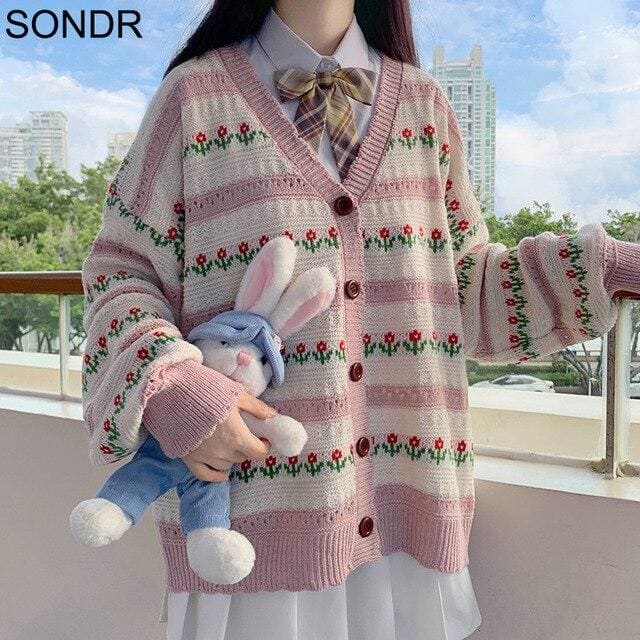 Harajuku Kawaii Cardigan Flower Knitting Long Sleeve Sweater Coat MK15413 - KawaiiMoriStore