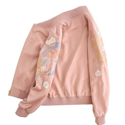 Harajuku Koi Sakura Carp Embroidered Baseball Jacket MM1262 - KawaiiMoriStore