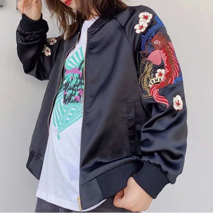 Harajuku Koi Sakura Carp Embroidered Baseball Jacket MM1262 - KawaiiMoriStore