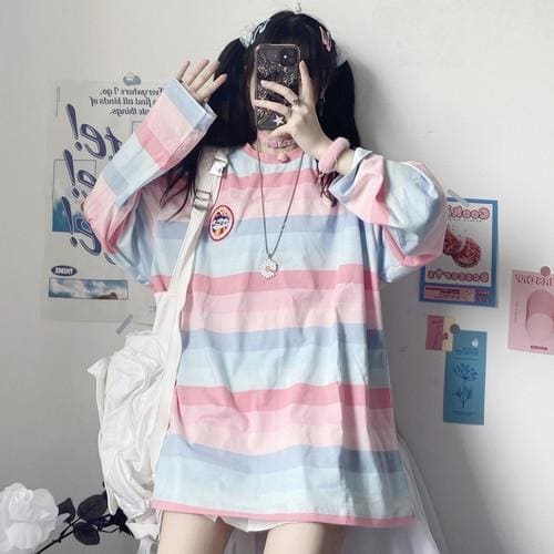 Harajuku Long Sleeve Sweet Girl Embroidery Stripe T-shirt MK15618 - KawaiiMoriStore