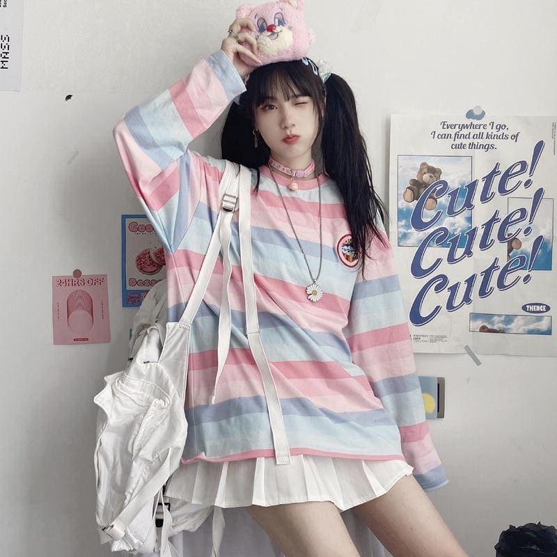 Harajuku Long Sleeve Sweet Girl Embroidery Stripe T-shirt MK15618 - KawaiiMoriStore