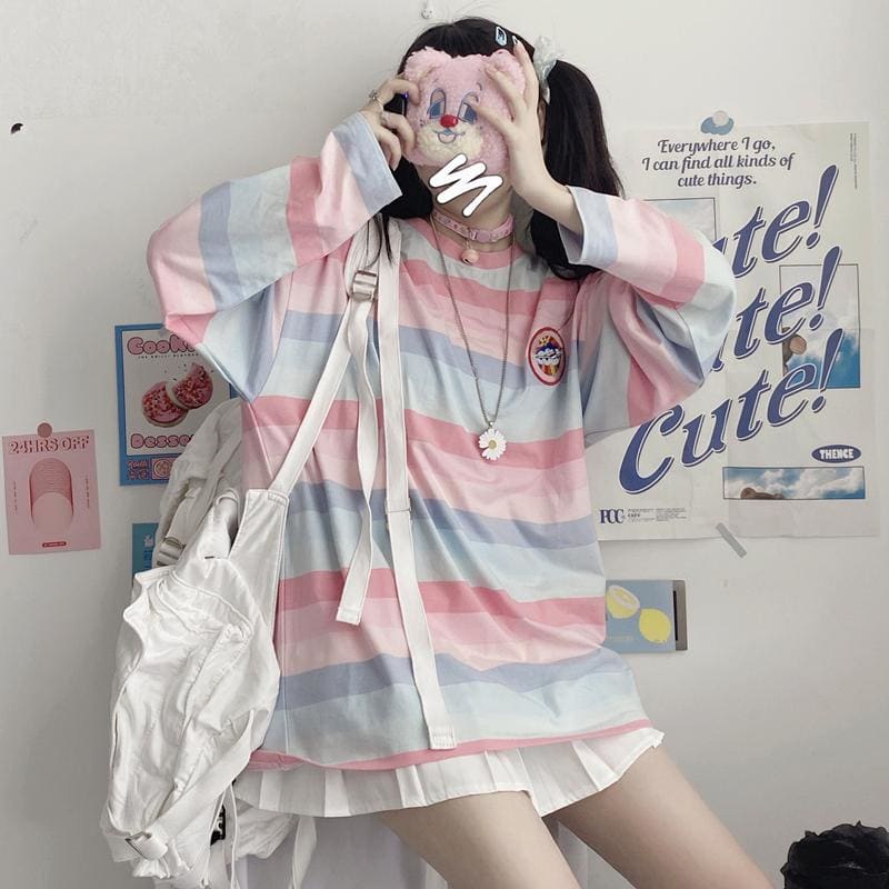 Harajuku Long Sleeve Sweet Girl Embroidery Stripe T-shirt MK15618 - KawaiiMoriStore