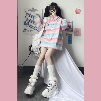 Harajuku Long Sleeve Sweet Girl Embroidery Stripe T-shirt MK15618 - KawaiiMoriStore