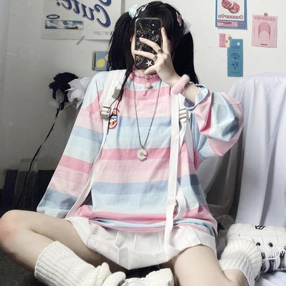 Harajuku Long Sleeve Sweet Girl Embroidery Stripe T-shirt MK15618 - KawaiiMoriStore