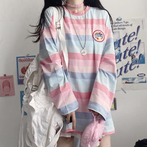 Harajuku Long Sleeve Sweet Girl Embroidery Stripe T-shirt MK15618 - KawaiiMoriStore