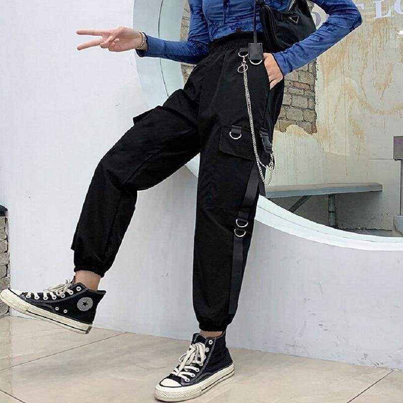 Harajuku Punk Chain Black Cargo Pants - pants