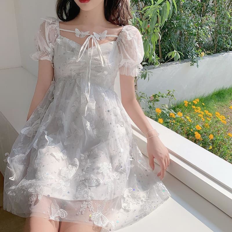 Hepburn Style Puff Sleeve Lace Embroidery A-Line Midi Dress MK15539 - KawaiiMoriStore