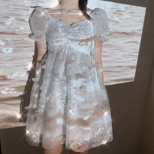 Hepburn Style Puff Sleeve Lace Embroidery A-Line Midi Dress MK15539 - KawaiiMoriStore