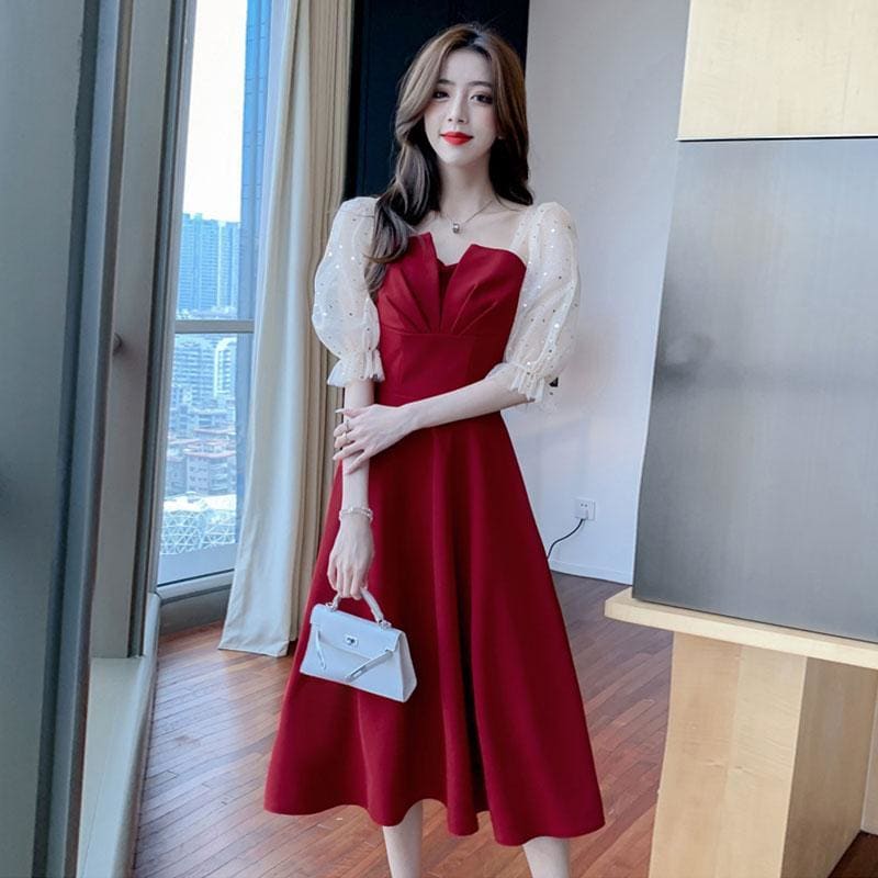 High Waist Short Sleeve V-neck Party Dress