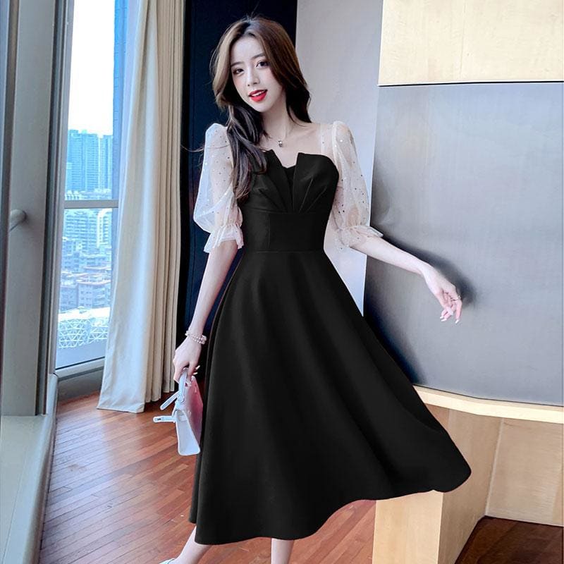 High Waist Short Sleeve V-neck Party Dress