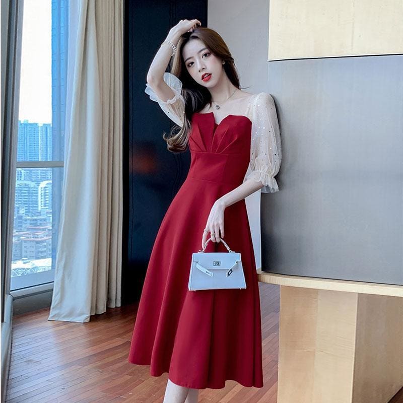 High Waist Short Sleeve V-neck Party Dress