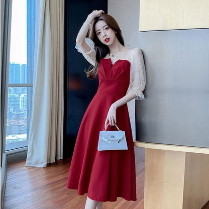 High Waist Short Sleeve V-neck Party Dress