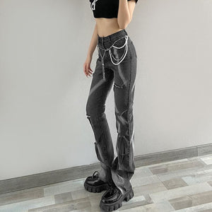 High Waist Slimming Printed Straight-leg Ripped Casual Jeans