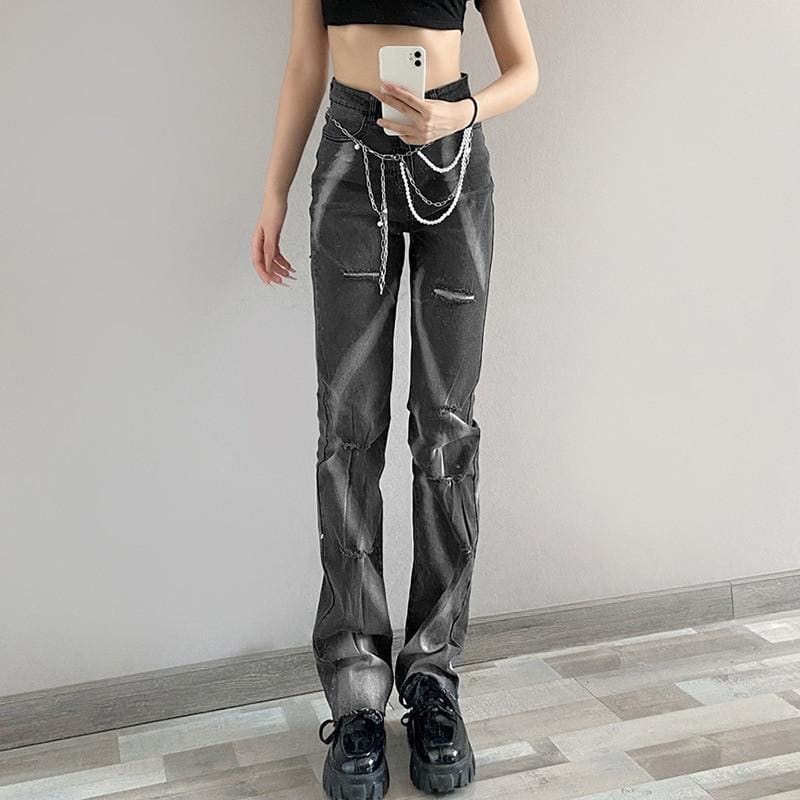 High Waist Slimming Printed Straight-leg Ripped Casual Jeans
