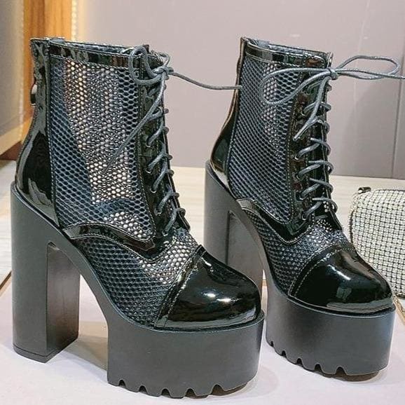 Hollow Mesh High Heel Platform Boots MK15050 - KawaiiMoriStore