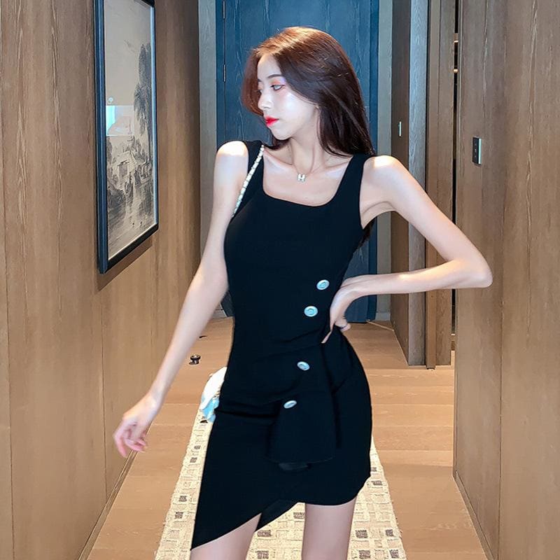 Irregular Black Slim Mini Dress With Suspenders