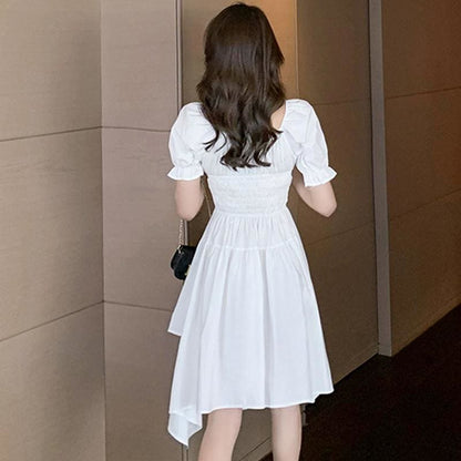 Irregular Lace Up Puff Sleeve Midi Dress