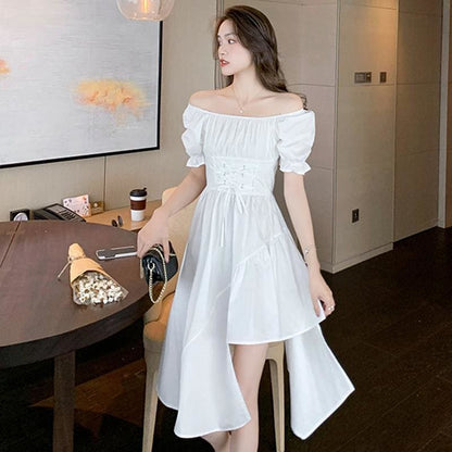 Irregular Lace Up Puff Sleeve Midi Dress