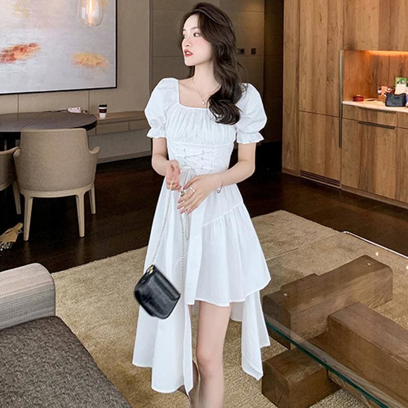 Irregular Lace Up Puff Sleeve Midi Dress