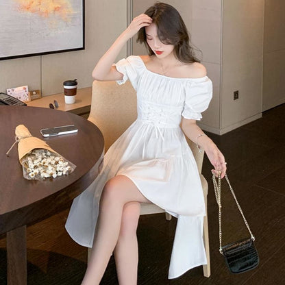 Irregular Lace Up Puff Sleeve Midi Dress